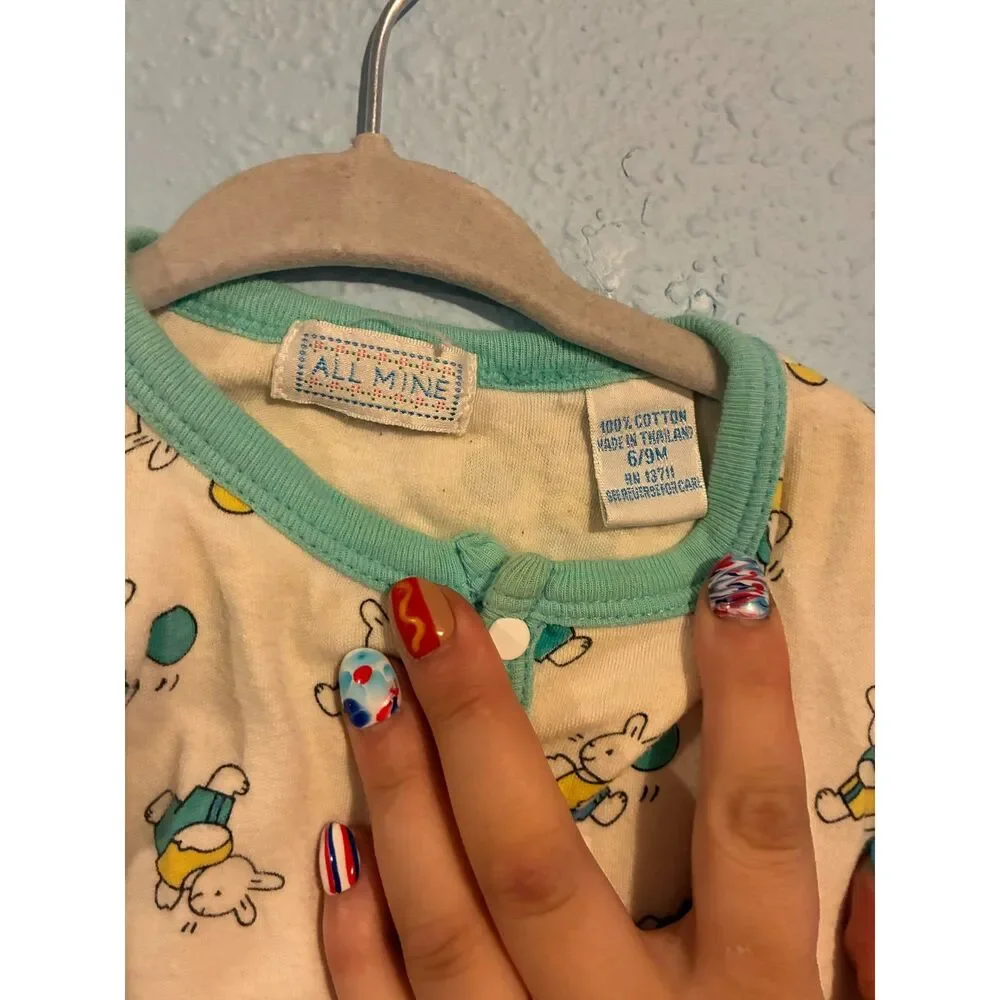 Vintage All Mine Baby Bunny Romper 90s Snap One Piece Pastel Rabbit Outfit